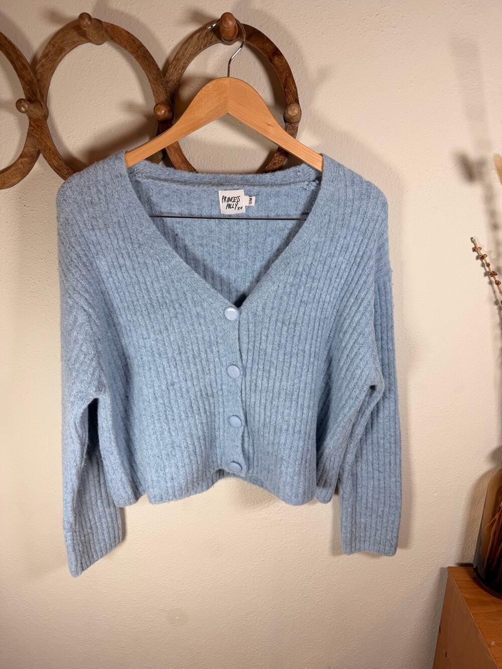 Princess Polly Blue Fuzzy Ribbed Cropped Cardigan S/M Wool Blend Button Front